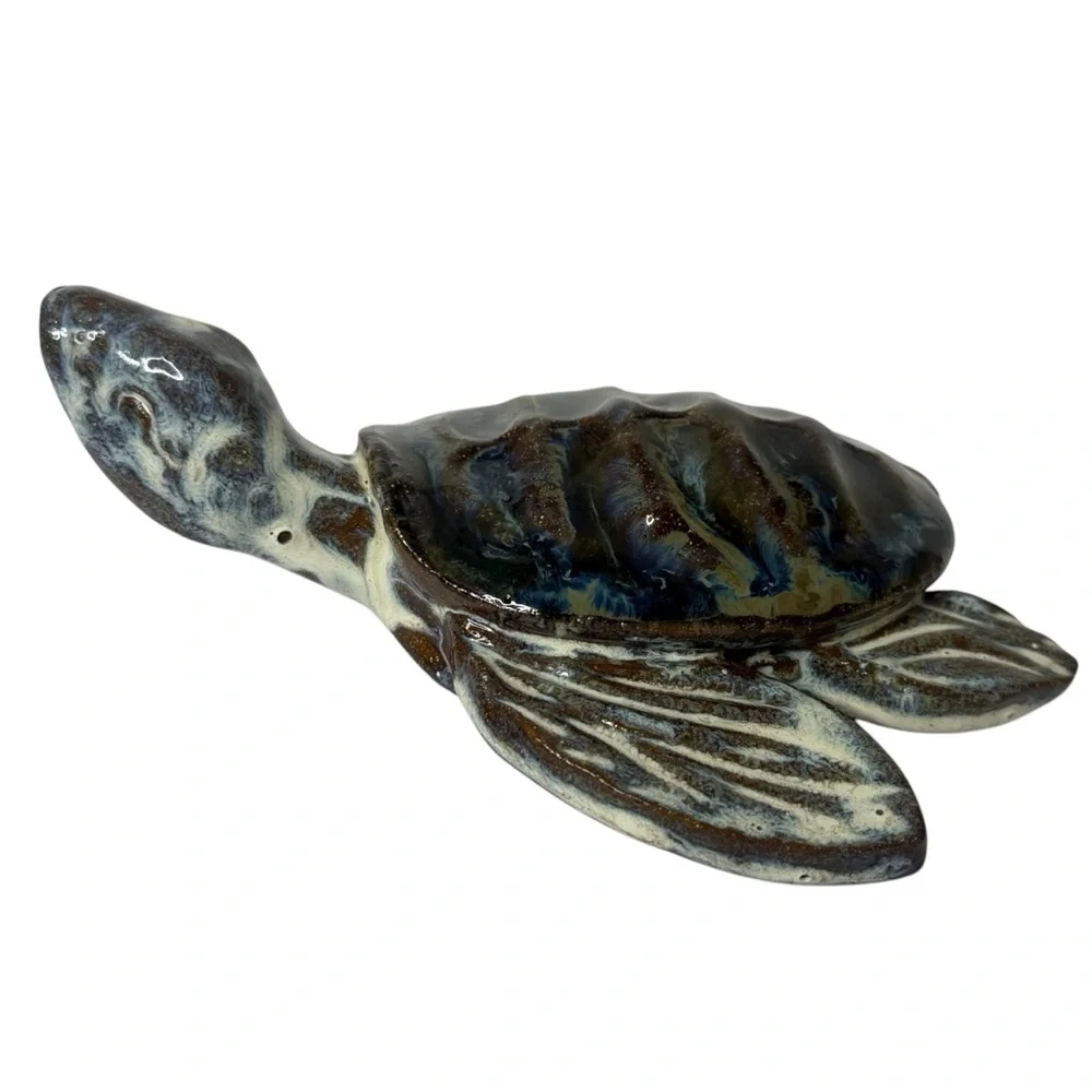 Hand Crafted Ceramic Sea Turtle Glazed With Potters Mark on Underside 6.25